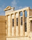 Greek history, ruin or ancient pillar with keystone arch, architectural detail for tourist attraction site. Background Royalty Free Stock Photo