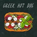 Greek Hot Dog. Feta Cheese, Basil. Olives, Lettuce Salad, Tomato, Cucumber. Fast Food Collection. Hand Drawn High Quality Vector I