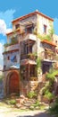 Greek House In Anime Art Style: A Lovely And High Detailed 32k Uhd Painting By Bayard Wu