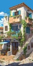Greek House In Anime Art Style: A Lovely 32k Uhd Painting By Bayard Wu