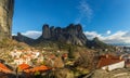 Greek houses on the hills among steep cliffs of Meteora mountains, Kalabaka, Thessaly