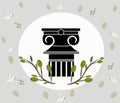 Greek Ionic columns order vintage design with olive leaves branch Vector illustration