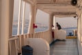 Greek Island coastline view from ferry boat in mediterranean sea. Island hopping travel. Royalty Free Stock Photo