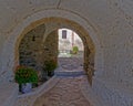 Greek island, door and flowers pots under a vintage arch Royalty Free Stock Photo