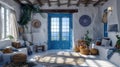 Greek island home interior with traditional furniture and cycladic architecture in santorini sunset Royalty Free Stock Photo