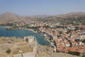 Lemnos/Limnos island city beach view from medieval fortress. Myrina Greek town landscape. Royalty Free Stock Photo