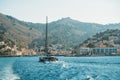 Greek island of Symi, Dodecanese, Greece - July 2019: Panoramic view of the coast the island of Symi