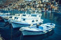 Greek island of Symi, Dodecanese, Greece - July 2019: Panoramic view of the coast the island of Symi