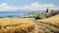Greek Island Wheat Fields: A Realistic Oil Painting Of Rural Charm