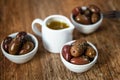 Greek Kalamata black red olives in a clay bowl