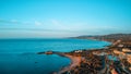 Greek Kiotari aerial view HDR with azure blue effec t of waters and skies with peninsula view.