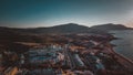 Greek Kiotari Hotel in view from the air aerial view darkened HDR effect at sunrise in the summer. Royalty Free Stock Photo