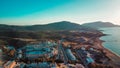 Greek Kiotari Hotel in view from the air aerial view darkened HDR effect at sunrise in the summer. Royalty Free Stock Photo