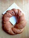 Greek Koulouri Bread Ring with Raisin. Tabletop view