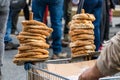 Greek koulouri traditional snack stacked on trolley in Athens.