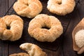 Greek koulouri or Turkish bagels called Simit in stack. Traditional street food, crispy sesame bread ring bagels