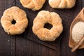 Greek koulouri or Turkish bagels called Simit in stack. Traditional street food, crispy sesame bread ring bagels Royalty Free Stock Photo