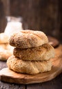 Greek koulouri or Turkish bagels called Simit in stack. Traditional street food, crispy sesame bread ring bagels Royalty Free Stock Photo