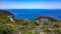 Greek landscape, forest with dirtroad, and the deep blue sea and sky Royalty Free Stock Photo