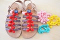 Greek leather sandals with colorful pom pom Royalty Free Stock Photo