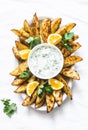 Greek lemon baked potato and tzadziki sauce - delicious snack, appetizer, tapas on a light background, top view