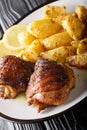 Greek lemon roasted potatoes with grilled chicken thighs on a plate close-up. vertical