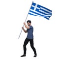 3D Render : a Greek man is holding and waving the Greece Country flag to cerebrate an important event