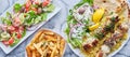 Greek meal with chicken souvlaki, fries and salad Royalty Free Stock Photo