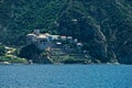 Greek monastery on a coast of aegean sea below the holy mountain Athos