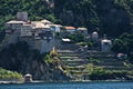 Greek monastery on a coast of aegean sea below the holy mountain Athos