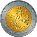 Greek money gold coin two euro featuring Europa