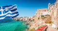 Greek National Flag on the Island of Syros, Greece. Independence day and Labour day concept.