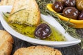 Greek olive oil bread dip. Bread with Oil for Dipping with Herbs Royalty Free Stock Photo