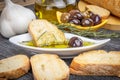 Greek olive oil bread dip. Bread with Oil for Dipping with Herbs & Spices. Close up Olive oil sauce Royalty Free Stock Photo