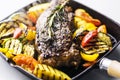 Greek organic lamb steak with vegetables and herbs in skillet