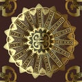 Greek ornamental gold 3d seamless mandala pattern. Vector round greek key meanders ornament. Ornate geometric background with Royalty Free Stock Photo