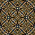 Greek ornamental waffle rhombus seamless pattern with chains, ropes, 3d gold buttons. Tribal ethnic ancient style patterned vector