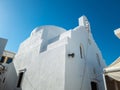 White Orthodox Church at Kythnos island, Cyclades architecture, Chora village Greece. Under view