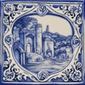 greek orthodox church A blue tile with a Fado scene and a Sintra element on a white background