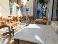 Greek outdoors traditional tavern restaurant at Tinos island, Chora town, Cyclades Greece