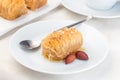 Greek pastry Kataifi with shredded filo dough stuffed with almond nuts, in honey syrup, on a white plate, horizontal