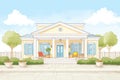 greek revival house with stone patio and columns, magazine style illustration