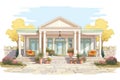 greek revival house with stone patio and columns, magazine style illustration