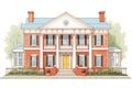 greek revival mansion with red brick and white columns, magazine style illustration