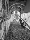 Greek Rhodes old town motorbike scooter alleyway black and white