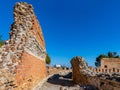 Greek and Roman Teatro antico Ancient Theatre with cavea auditorium in Taormina at Ioanian sea shore of Sicily in Italy