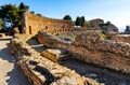 Greek and Roman Teatro antico Ancient Theatre with cavea auditorium in Taormina at Ioanian sea shore of Sicily in Italy