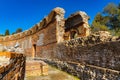 Greek and Roman Teatro antico Ancient Theatre with cavea auditorium in Taormina at Ioanian sea shore of Sicily in Italy