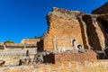 Greek and Roman Teatro antico Ancient Theatre with stage and arches colonnade ruins in Taormina of Sicily in Italy Royalty Free Stock Photo