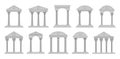 Greek and roman temples. Ancient pillars, line architecture buildings, pediment with Doric columns, building facade with